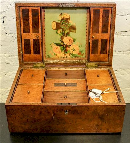 * A Wooden Sewing Box. Height 5 1/4 x width 8 x depth 12 inches.