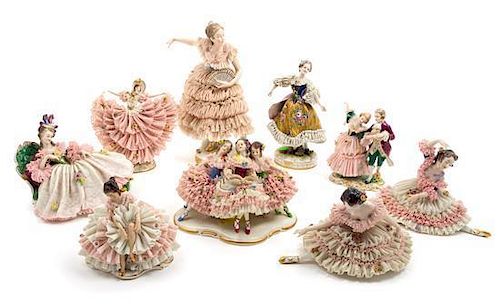 * A Collection of Nine Dresden Porcelain Figures and Figural Groups Height of tallest 11 1/2 inches.