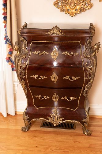 LOUIS XV STYLE BOMBE, BLACK MARBLE TOP & BRONZE COMMODE, H 38", W 28", D 15" 