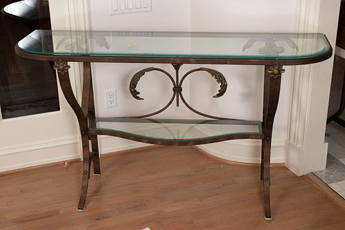 MODERN WROUGHT IRON & GLASS CONSOLE TABLE, H 34", W 60"