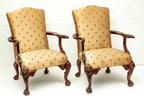 CHIPPENDALE STYLE MAHOGANY & SILK UPHOLSTERED CHAIRS, 2 PCS