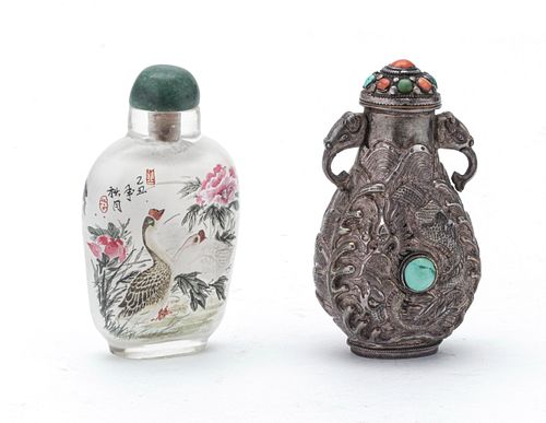 CHINESE REVERSE PAINTED AND SILVER SNUFF BOTTLES 19TH.C. TWO H 3" 