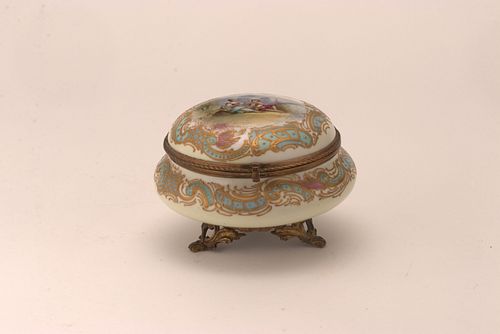 FRENCH SEVRES PORCELAIN JEWELRY BOX H 5" DIA 7" 
