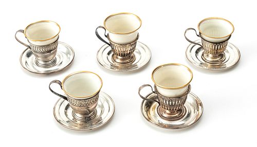 LENOX PORCELAIN AND STERLING SILVER DEMI TASSE CUPS AND SAUCERS, FOR 11, 35 PCS. H 2.5" DIA 3.75" 