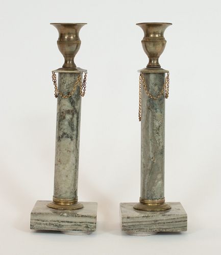 EMPIRE STYLE MARBLE & BRONZE CANDLESTICKS, PAIR, H 9.5" 