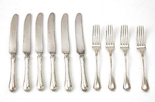 TOWLE "OLD NEWBURY" STERLING KNIVES (6) AND FORKS (4), TEN PIECES 