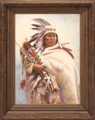 TROY DENTON (AMERICAN B. 1949) OIL ON CANVAS, H 36" W 24" STANDING CHIEF 
