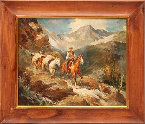 TROY DENTON (AMERICAN B. 1949) OIL ON CANVAS, H 20", W 24", "MAN ON HORSEBACK IN A MOUNTAIN PASS" 