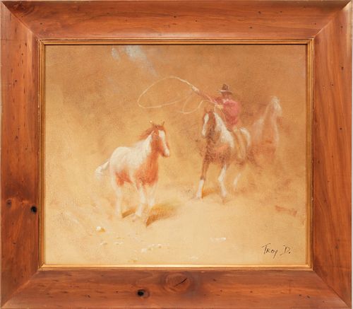 TROY DENTON (AMERICAN B. 1949) OIL ON CANVAS, H 20", W 24", "COWBOY LASSOING A HORSE" 