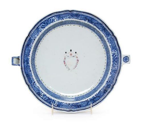 A Chinese Export Porcelain Blue and White Armorial Warming Tray Width 11 inches.