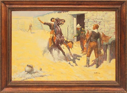 AFTER FREDERIC REMINGTON, OIL ON CANVAS, MID 20TH C., H 24", W 36", "THE APACHES!" 