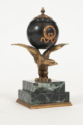METAL EAGLE  SUPPORTING GLOBE FORM INKWELL H 8", W 3.5", FRENCH EMPIRE STYLE 