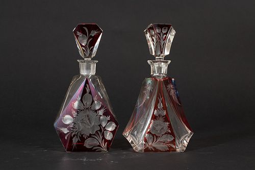 RUBY OVERLAY CRYSTAL DECANTERS, 2 PCS, H 10.5", W 5"-6"