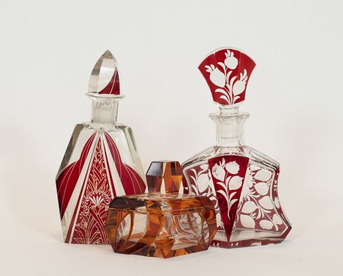 BOHEMIAN OVERLAY GLASS DECANTERS, AND BOX 3 PCS, H 10"