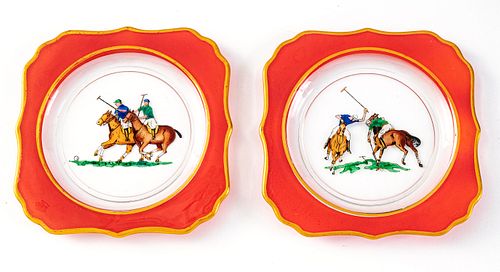 ENAMEL "POLO" AND GILT DECORATED GLASS PLATES, 8 W 7.5"