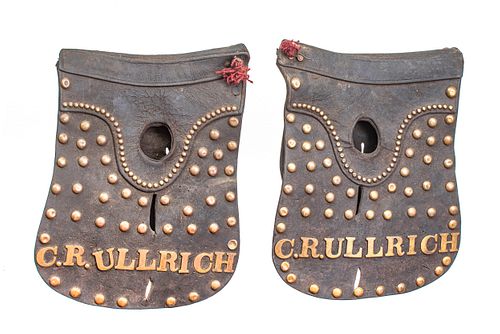 LEATHER & BRASS PACK-MULE COVERINGS, LATE 19TH/EARLY 20TH C., 2 PIECES, H 32", W 15", "C.R. ULLRICH" 