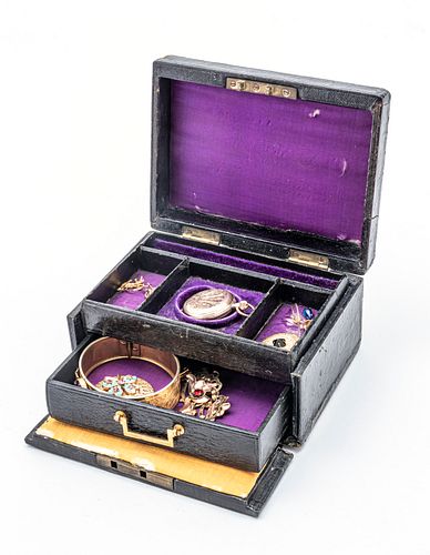 JEWELRY BOX WITH COSTUME JEWELRY, H 3", W 6", D 4.5", "TO MY DARLING ETTA PLACE, THE LOVE OF MY LIFE, HARRY LONGABAUGH" 