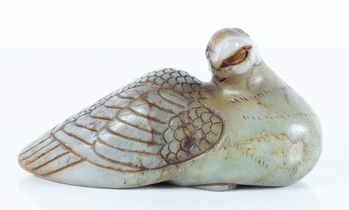 CHINESE CARVED JADE DUCK, H 2.5", L 5.25"