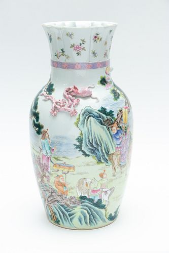 CHINESE PAINTED PORCELAIN VASE, H 18", DIA 10" 