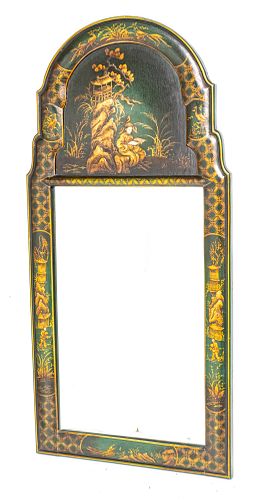 CHINESE BLACK LACQUER, CHINOISERIE MIRROR, H 38", W 18"