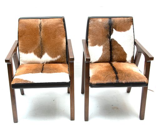 PAIR OF COWHIDE UPHOLSTERED OPEN ARM CHAIRS, H 34", W 22" 