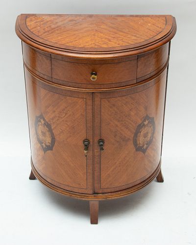 MARQUETRY INLAID SATINWOOD DEMI LUNE CABINET, C. 1940, H 24", L 19", D 11" 