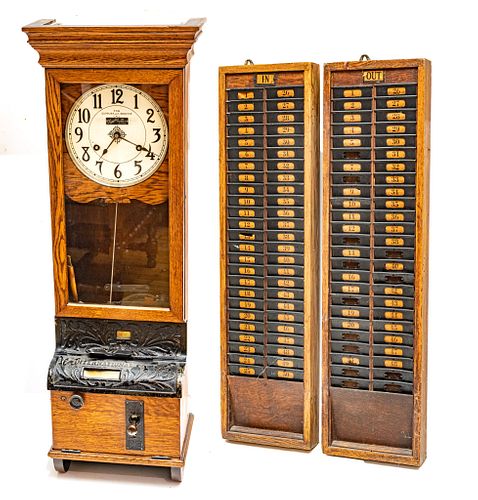 INTERNATIONAL DIST. BY SIMPLEX TIME RECORDER COMPANY (LONDON, ONTARIO) OAK CASE PUNCH CLOCK AND TIMECARD RACKS, 20TH C., THREE PIECES, H 47", W 16.5",