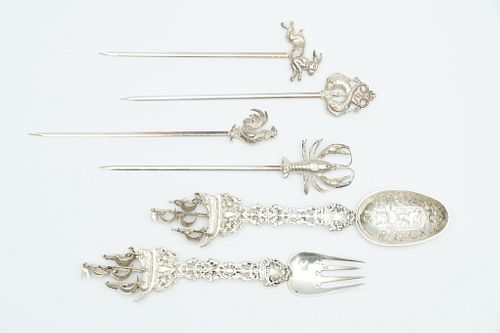 SILVER "VIKING SHIP" FORK AND SPOON + 4 SILVER PLATE SKEWERS, 6 PCS. L 11" 
