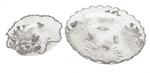 STERLING ON CRYSTAL SERVING PLATES, TWO DIA 9", 12 3/4" 