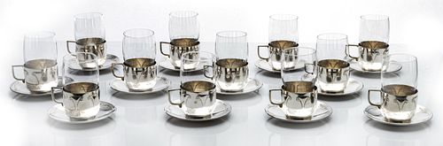 ARGENTINA SILVER PLATE AND CRYSTAL ICE TEA GLASSES AND SAUCERS, ART DECO PERIOD 