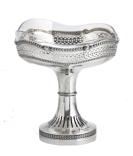 EUGEN MARCUS (GERMAN) 800PT SILVER COMPOTE CRYSTAL LINED, C. 1900, H 6" DIA 6" T.W. 6.43 TOZ 