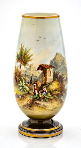AUSTRIAN  HAND PAINTED ART GLASS VASE C 1870 H 14" W 6" SCENE OF CASTLE, SHRINE 