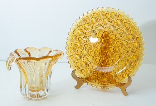 AMBER TO CLEAR ART GLASS VASE & PRESSED GLASS PLATE 2 PCS. H 6" W 9" DIA 10" 
