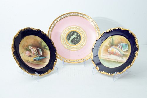 HAND PAINTED "SEASHELL" PLATES (2) DIA 8",  + MINTON PATE SUR PATE PLATE (AS IS) 