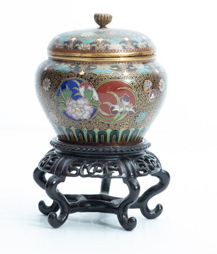 CHINESE CLOISONNE TEA JAR WITH LID ON TEAK STAND, H 6.25"