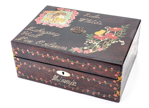 HAND PAINTED WOOD TRAVELING BOX, H 5", W 11.5", D 8", "LULU WHITE'S MAHOGANY HALL NEW ORLEANS" 