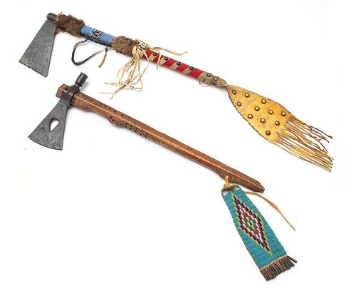 NATIVE AMERICAN TOMAHAWKS, TWO PIECES, L 22"-23" 