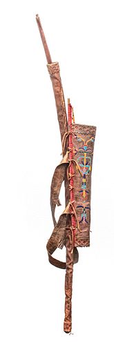 NATIVE AMERICAN WOOD BOW AND BEAD DECORATED LEATHER QUIVER, L 58" 
