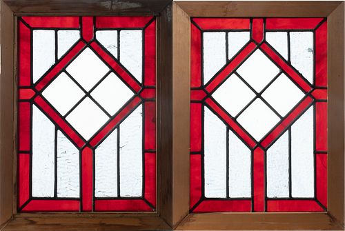 STAINED AND LEADED GLASS WINDOW PANES, PAIR, H 20", W 15" 