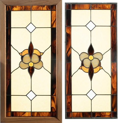 STAINED GLASS WINDOW PANES, PAIR, H 34", W 17" 