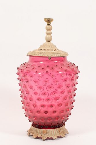 CRANBERRY HOBNAIL GLASS SHADE, NOW LAMP BASE C 1870, H 11" DIA 8" 