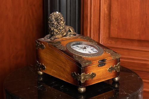 LION MOUNTED  BOX, INSET CLOCK H 7", W 5" D 7" 