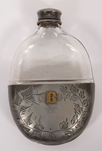 PERSONALIZED "TO SAM BASS..." GLASS & METAL WHISKEY FLASK, INSCRIPTION DATED 1875, H 6", W 4" 