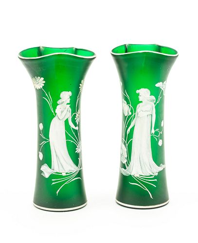 FRENCH HAND BLOWN EMERALD GREEN GLASS VASES, CAMEO SILHOUETTES C 1870, PAIR H 10" 