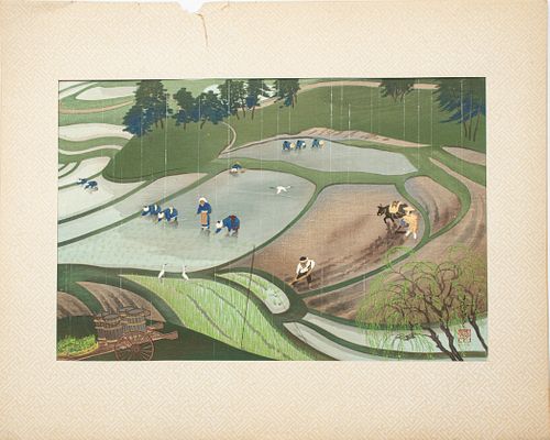 OHNO BAKUFU, JAPAN 1888 - 76, WOODBLOCK PRINTS, TWO H 10.2" W 15" RICE FIELDS 