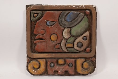 MAYAN STYLE PAINTED PLASTER TILE, H 18", W 18" 