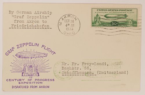 SCOTT # C-18 GRAF-ZEPLIN BALLOON AIR SHIP 1ST. DAY OF ISSUE COVER 1933, USA. WITH MATCHING COLOR PHOTO.  (1) H    " W    6 " 
