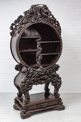 JAPANESE CARVED MAHOGANY MOON CABINET, C 1900 H 85", W 39", D 24" 