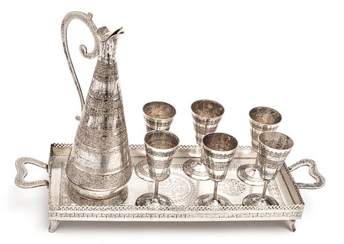 PERSIAN 84 SILVER CORDIAL SET WITH TRAY, 8 PCS, H 3.5"-8" 