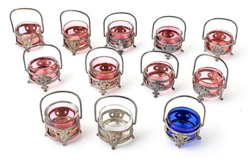 "BUCH" WARSAW SILVER AND GLASS INDIVIDUAL SALT CELLARS, 12 PCS, H 3", W 2.5" 